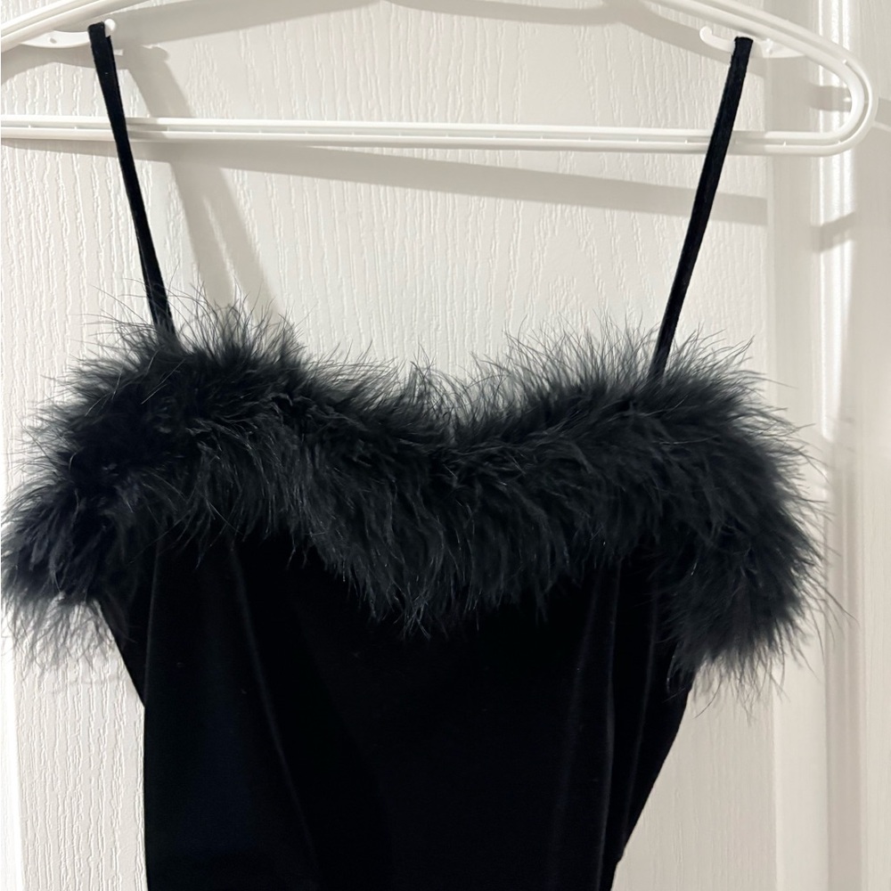 Black Velvet Feather Trim Slip Dress – Spaghetti Straps – Party / Cocktail - Picture 2 of 9
